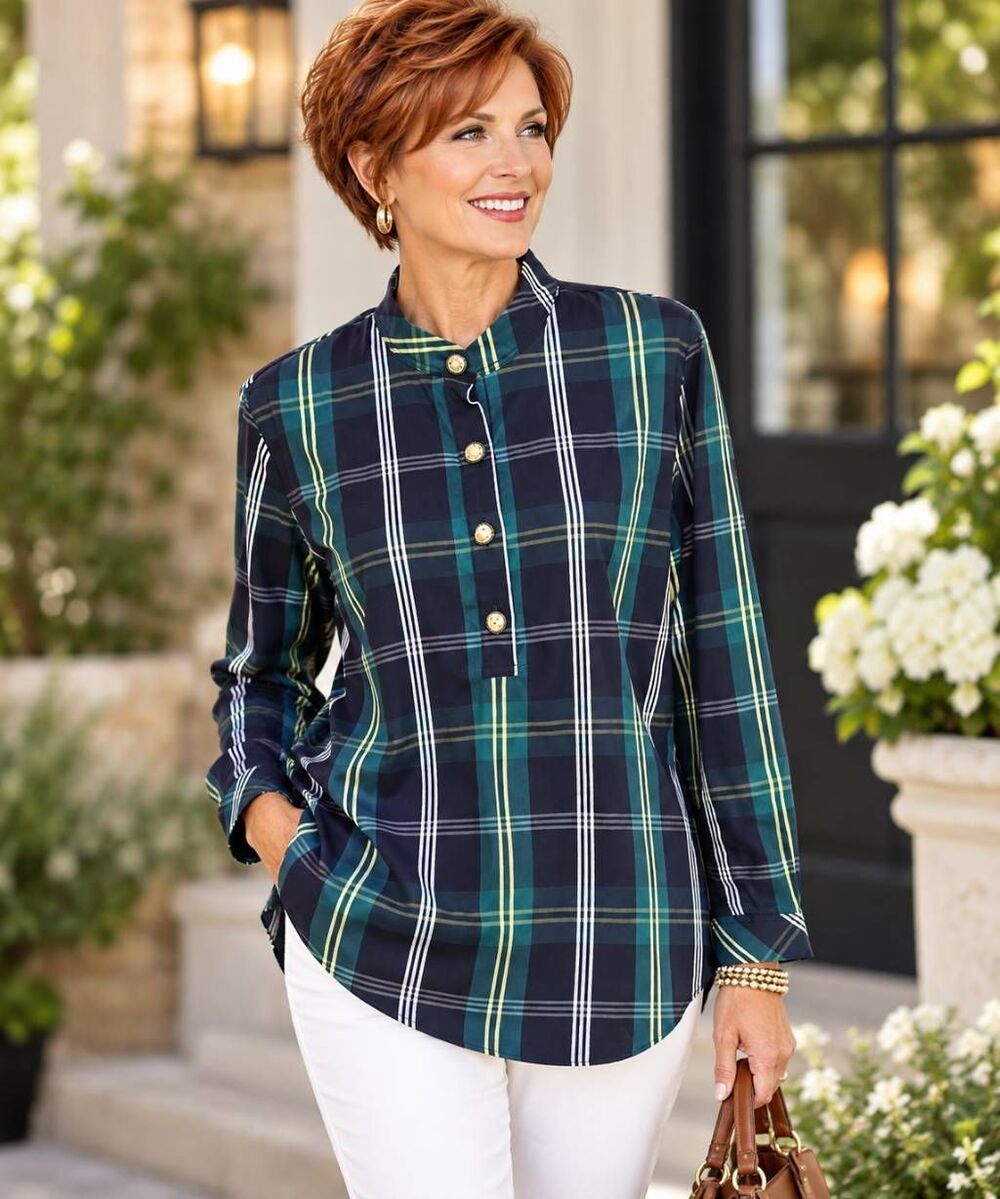 Chico's Green Black Plaid Tunic Rhinestone Button Placket Long Sleeve Blouse 12/